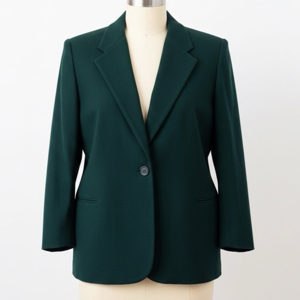 80s Requirements 100% Wool Hunter Green One Button Structured Blazer Size 16P